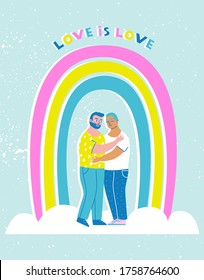 Gay couple hugging under the LGBT rainbow with Love is Love slogan. Colorful vector illustration of homosexual men in love. Concept for supporting LGBTQ community in trendy cartoon style.