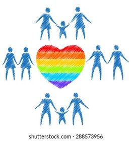 Gay couple icons set and rainbow hearts isolated on white background. People icons set. LGBT family symbol. Gay family symbol. Design element for flyers or banners.