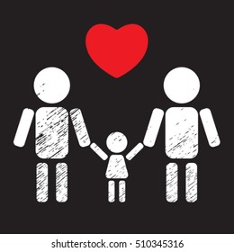 Gay couple with kid isolated on black background. LGBT family symbol. Gay family with child. Design element for flyers or banners.