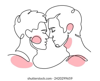 Gay couple kissing. Man kiss, two gays. Hand drawn couple line art. Man kiss, two gays. Skin to skin. Lovers continuous outline drawing. Love, LGBT concept. Vector illustration.