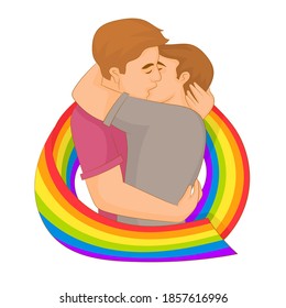 Gay couple kissing with rainbow flag surrounding them