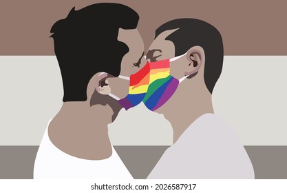 Gay couple kissing with rainbow mask on face