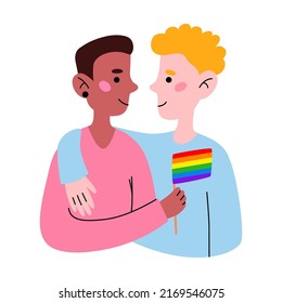 Gay couple with lgbt flag. Pride month.