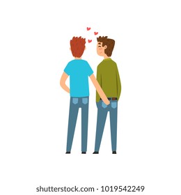 Gay couple, lgbt men in love, back view cartoon vector Illustration