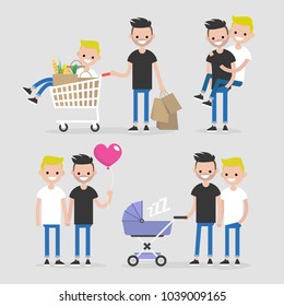 Gay couple, lifestyle set. Homosexual relationships. Dating and daily life. Flat editable vector illustration, clip art