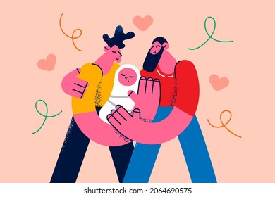 El amor de la pareja gay y el concepto de familia. Jóvenes hombres felices pareja gay personajes de caricatura sosteniendo en las manos a un bebé recién nacido sintiéndose emocionados ilustración vectorial 