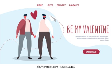 Gay couple in love. Happy Valentine's Day template for website, landing page of online store. Flat vector illustration.