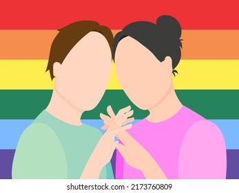 A gay couple in love holding hands against the background of an LGBT flag. Flat vector illustration.