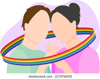 A gay couple in love holds hands wrapped in a ribbon with an LGBT flag. Flat vector illustration.