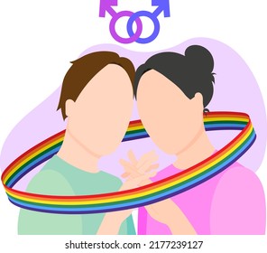 A gay couple in love holds hands wrapped in a ribbon with an LGBT flag, under the signs of Mars. Flat vector illustration.