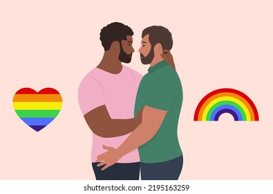 Gay Couple In Love. Homosexual Beard Men Couple Hugging. LGBT. Vector