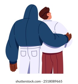 Casal gay no amor abraçando vista de trás. Os meninos de roupa exterior abraçam-se ao ar livre. Parceiro romântico na jaqueta com capuz abraçar namorado atrás. Ilustração de vetor isolado plano sobre fundo branco