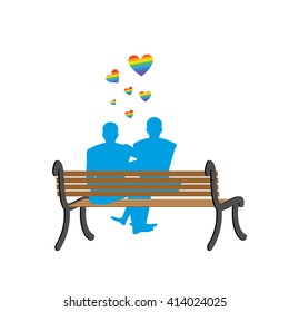 Gay couple on bench. Two blue men. Romantic LGBT illustration. 