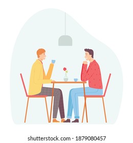 Pareja gay en una cita en un café. Los amantes beben café y hablan. Ilustración del vector en estilo plano dibujado a mano
