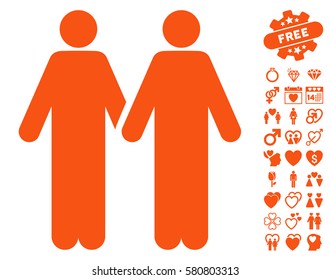 Gay Couple pictograph with bonus passion icon set. Vector illustration style is flat iconic orange symbols on white background.