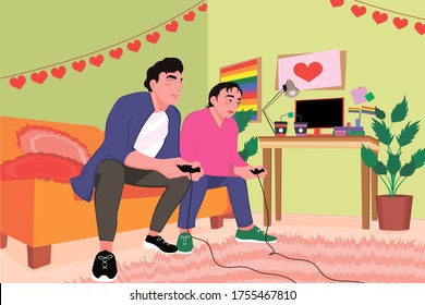 Gay couple playing video game at home. Two young gamer sitting on sofa at home and playing video games. Happy gay couple enjoying time together indoors at home. Vector illustration. LGBT love concept.