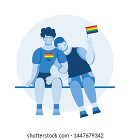 A gay couple with a rainbow flag