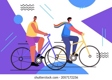 gay couple riding bicycles LGBT parade pride festival transgender love concept full length