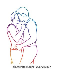 Gay couple. Romantic hugs of lovers. Rainbow color. Sketch vector illustration.