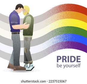 Gay couple in romantic relationship. Man embrace friend. Family relationship flat design, vector particles, grain effect