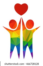Gay couple silhouette with heart isolated on white background. Happy gay couple symbol. LGBT couple symbol. Gay rainbow colors. Design element for Valentine's Day cards.