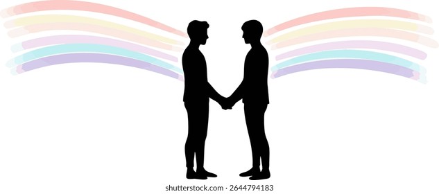 Gay Couple Silhouette with Rainbow Background for Pride Month