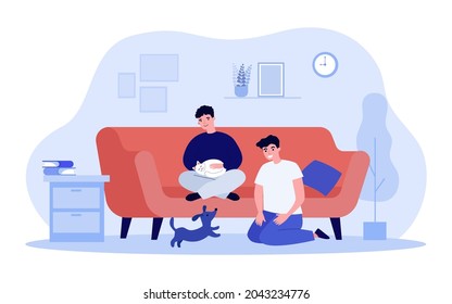 Gay Couple Sitting In Living Room With Cute Cat And Dog. Man With Kitty On Sofa, Guy Playing With Puppy On Floor Flat Vector Illustration. Family, Pets Concept For Website Design Or Landing Web Page