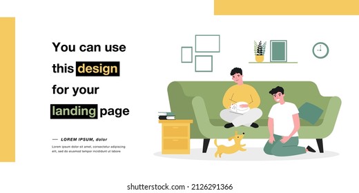 Gay Couple Sitting In Living Room With Cute Cat And Dog. Man With Kitty On Sofa, Guy Playing With Puppy On Floor Flat Vector Illustration. Family, Pets Concept For Website Design Or Landing Web Page