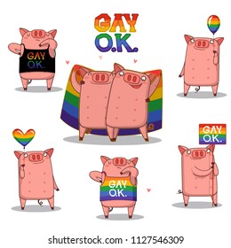 gay couple standing and holding large rainbow flags. lgbt pride concept vector