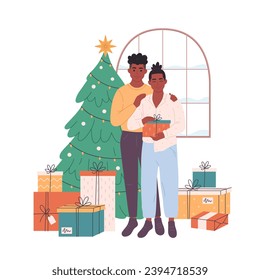 Gay couple standing near Christmas tree with presents and celebrating Christmas or New Year. Vector illustration in flat style