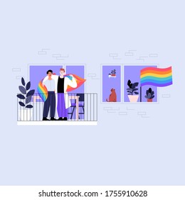 Gay Couple Standing On The Balcony Holding Pride Flag. Pride Month At Home