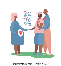 Gay Couple with Surrogate Pregnant woman. Two dads. Vector illustration flat cartoon style with hand drawn lettering. Adoptive parents. Surrogacy. EPS10
