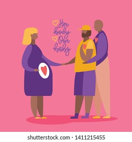 Gay Couple with Surrogate Pregnant woman. Two dads. Vector illustration flat cartoon style with hand drawn lettering. Adoptive parents. Surrogacy. EPS10