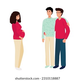 Gay Couple with Surrogate Pregnant woman. Two dads. Vector illustration flat cartoon style with hand drawn lettering. Adoptive parents. Surrogacy