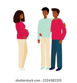 Gay Couple with Surrogate Pregnant woman. Two dads. Vector illustration flat cartoon style with hand drawn lettering. Adoptive parents. Surrogacy