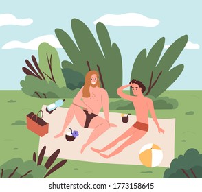 Pareja gay hablando de picnic. Amigos tomando un cóctel. Dos hombres felices en el parque de verano de vacaciones. Relajando a la gente al aire libre, relajándose y tomando el sol en manta en ilustración vectorial de dibujos animados planos