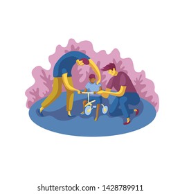 Gay Couple Teaches A Child To Ride A Bike. Two Fathers And Their Child. Vector Illustration