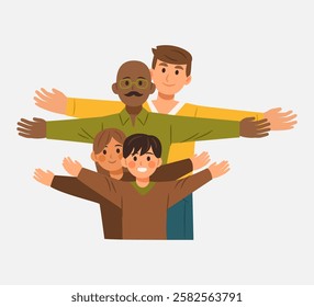 Gay couple with two children standing together and smiling on a white background. Flat cartoon illustration style.