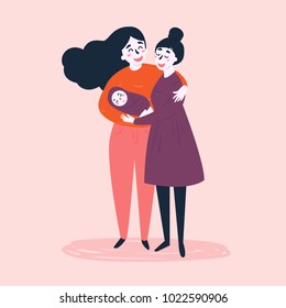 Gay couple. Two lgbt woman family. Non-traditional lesbian parents. Flat vector illustration