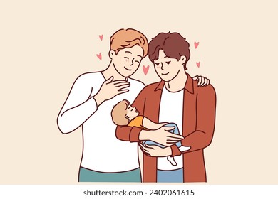 Gay couple of two men holds child in hands and smiles, rejoicing at presence of law giving right to adopt children. Gay family admires sleeping baby, for concept of parenthood for LGBT people