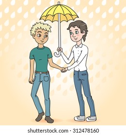 Gay couple with an umbrella. Lovers on a date. The boys are smiling.