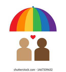 Gay couple under the rainbow umbrella. LGBT rights concept. Vector illustration. Design element for banner, leaflet, sticker, booklet.