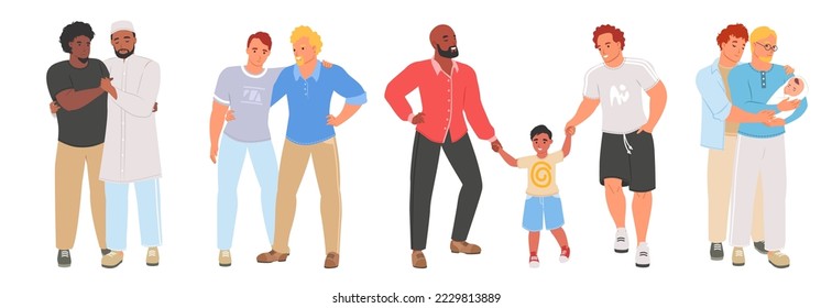 Gay couple vector set. LGBT love character illustration. Flat man family with kids, romantic homosexual spouse isolated on white background. Interracial beloved boyfriend pair