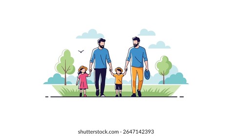 A Gay Couple Walking with Their Two Children in a Park