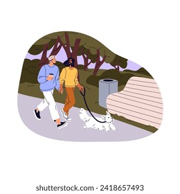 Gay couple walks in park, leads dog. Love partners, lovers send time together outdoors. Homosexual pair goes hold hands, strolls puppy. LGBT relationship. Flat isolated vector illustration on white