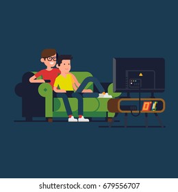 Gay couple watching TV. Cool vector flat design illustration on homosexual male couple enjoying their evening together on sofa watching favorite TV show