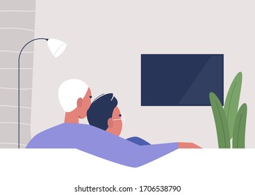 A gay couple watching TV at home, weekend relaxation, modern lifestyle