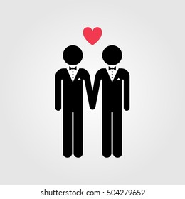 Gay Couple In Wedding Suit With  Red Heart Vector Icon, Gay Marriage