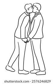 Gay couple wedding, two men are holding hands and kissing 