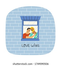 Gay couple in a window with a slogan below. Colorful vector illustration for the Pride Month in cartoon style. LGBT couple in love.